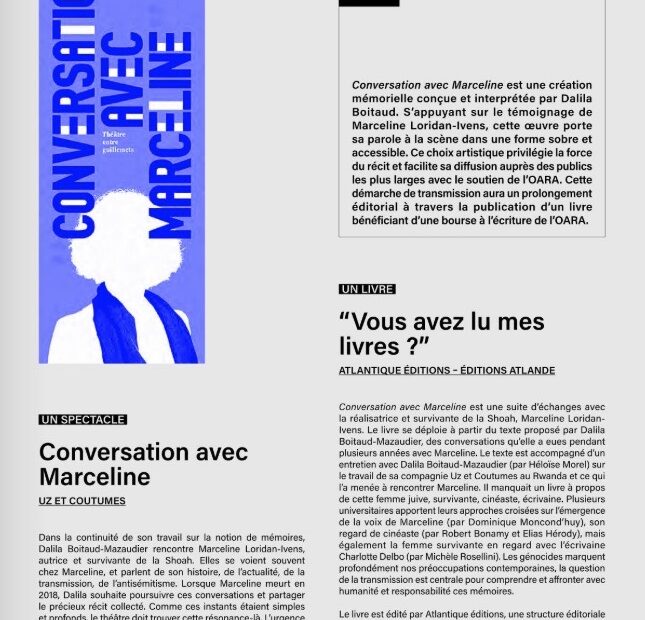Extrait plaquette OARA saison 26-27 sur la publication de Conversation avec Marceline "Vous avez lu mes livres ?"