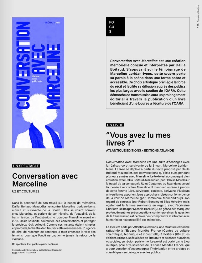 Extrait plaquette OARA saison 26-27 sur la publication de Conversation avec Marceline "Vous avez lu mes livres ?"